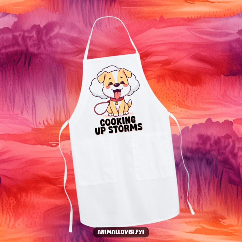 Funny Dog Apron: A durable kitchen apron with a happy dog holding a leash attached to a sentient cloud, perfect for cooking.