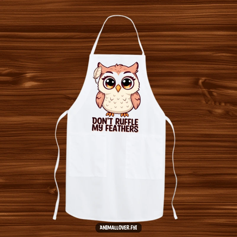 Funny owl apron depicting a shocked bird with huge eyes, startled by a tiny floating feather. Humorous cooking accessory.