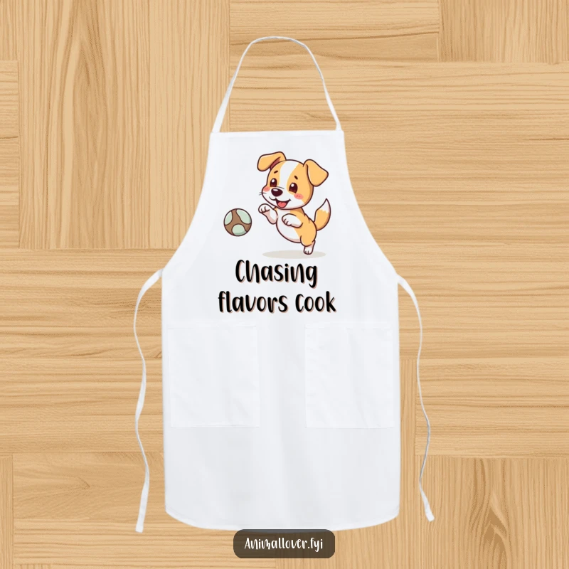 Funny apron depicting a dog character excitedly fetching a ball, tail wagging, designed for kitchen fun and playful cooking.