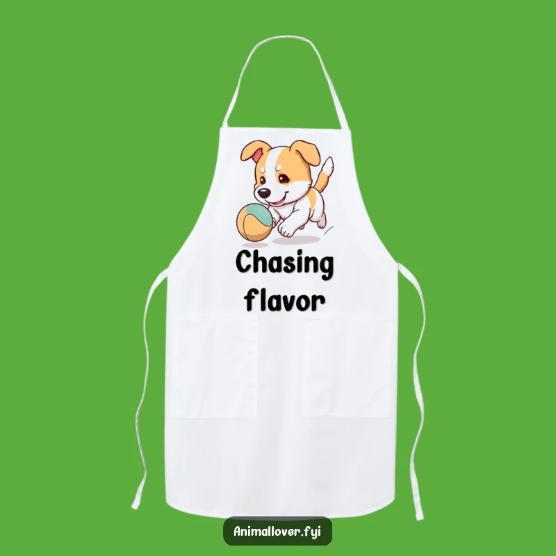 Funny Focused Dog Ball Chase Apron: Chef's Cartoon Playtime for Kitchen Fun