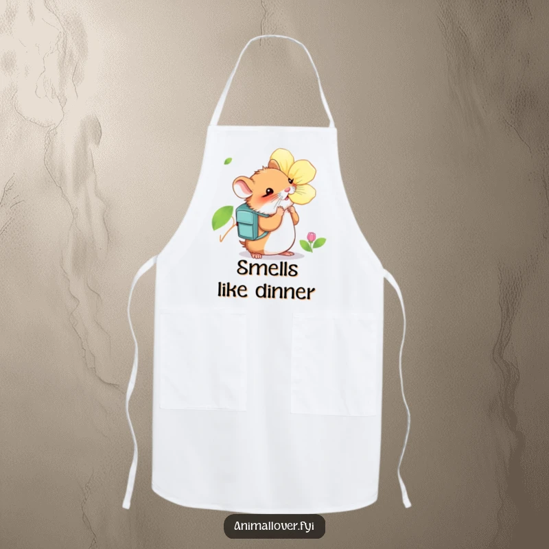 Funny Hamster Apron: A durable kitchen apron with a curious hamster wearing a backpack and sniffing a large, vibrant flower.