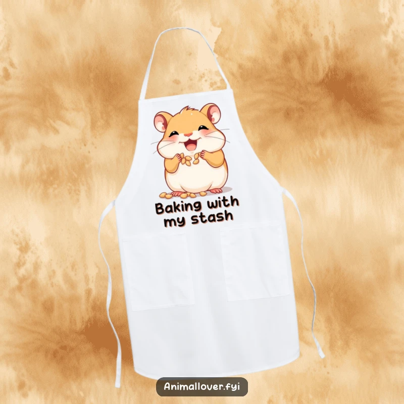 Funny joyful hamster apron stuffing its cheeks with tiny seeds, a humorous and practical accessory for the kitchen.