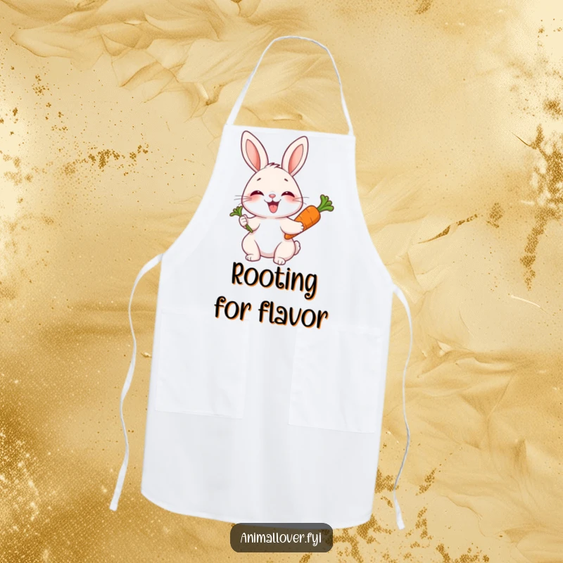 Funny apron depicting a joyful rabbit giggling while holding a carrot, adding humor to kitchen tasks.