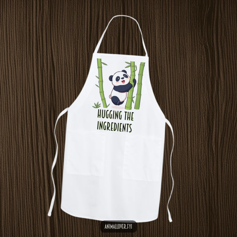 Funny Apron depicting a playful panda attempting to hug a giant bamboo stalk, ready to add humor to the kitchen.