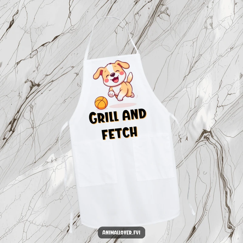 Funny Apron print of a playful dog with a wagging tail chasing a bouncing ball, perfect for a cheerful cook.
