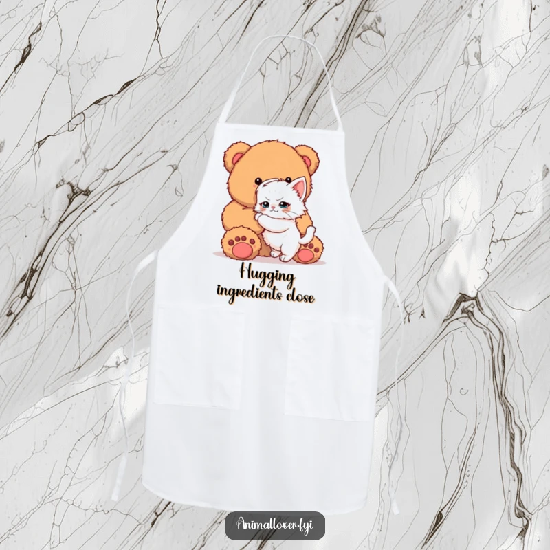 Funny Kitten Apron: A durable kitchen apron with a determined kitten trying to hug a massive teddy bear, perfect for cooking.
