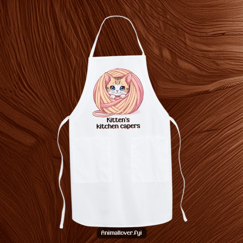 Funny curious cat apron peeking from behind an oversized ball of yarn, a humorous and practical accessory for the kitchen.