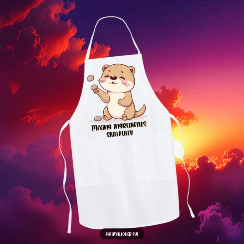 Funny otter apron with a curious otter juggling smooth stones, ideal for a fun and playful kitchen experience.