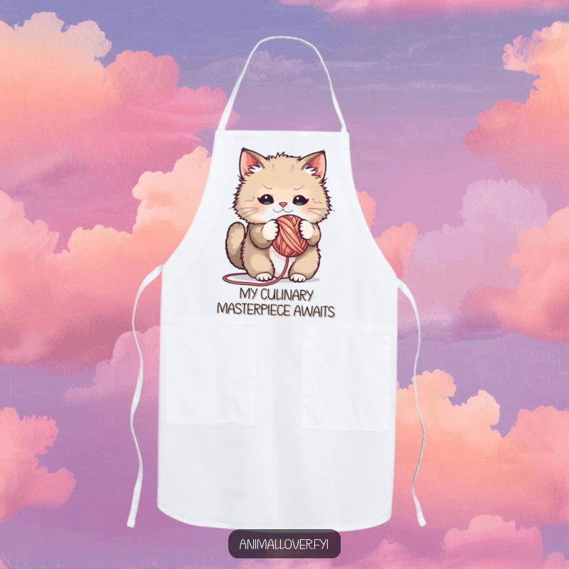 Funny apron with a playful fluffy cat entangled in a ball of yarn, a humorous kitchen accessory for cat lovers.