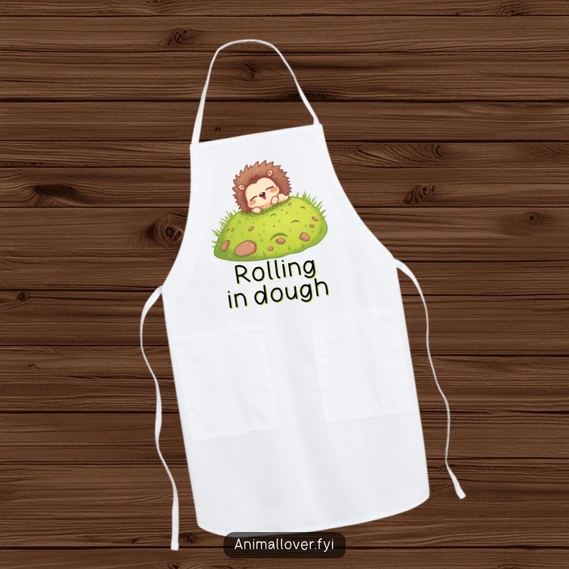 Funny apron featuring a happy hedgehog rolling down a grassy hill with eyes closed, perfect for amusing kitchen tasks.
