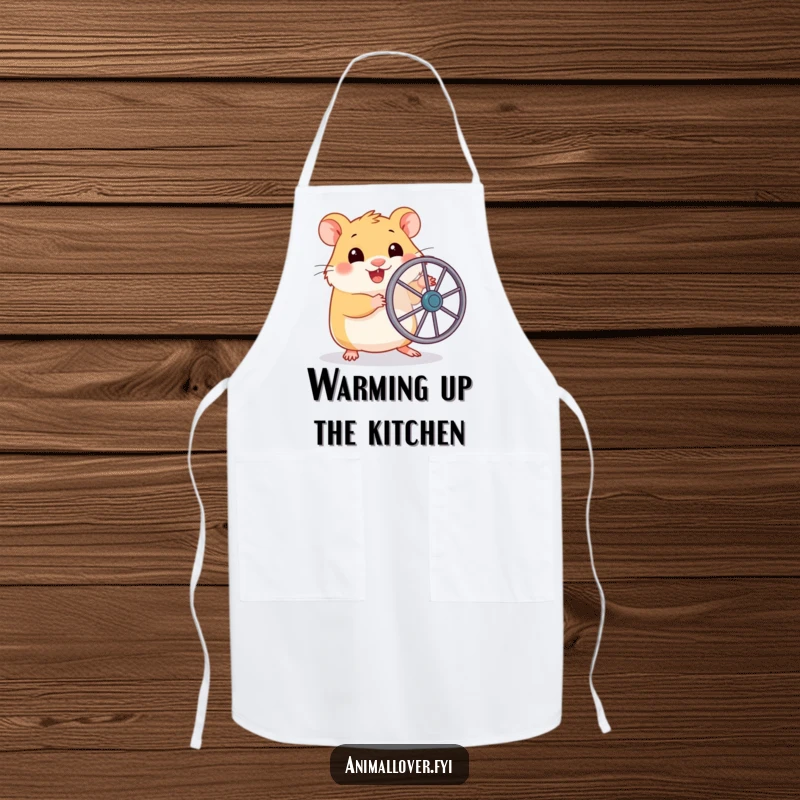 Funny apron depicting a happy hamster holding a tiny running wheel, ready to assist in the kitchen with a cheerful attitude.