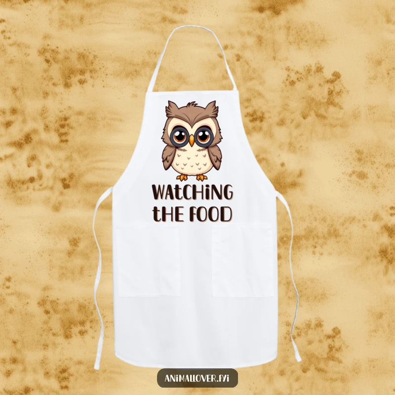 Funny Curious Owl Apron, featuring an owl with large eyes looking through binoculars, perfect for adding humor to cooking.