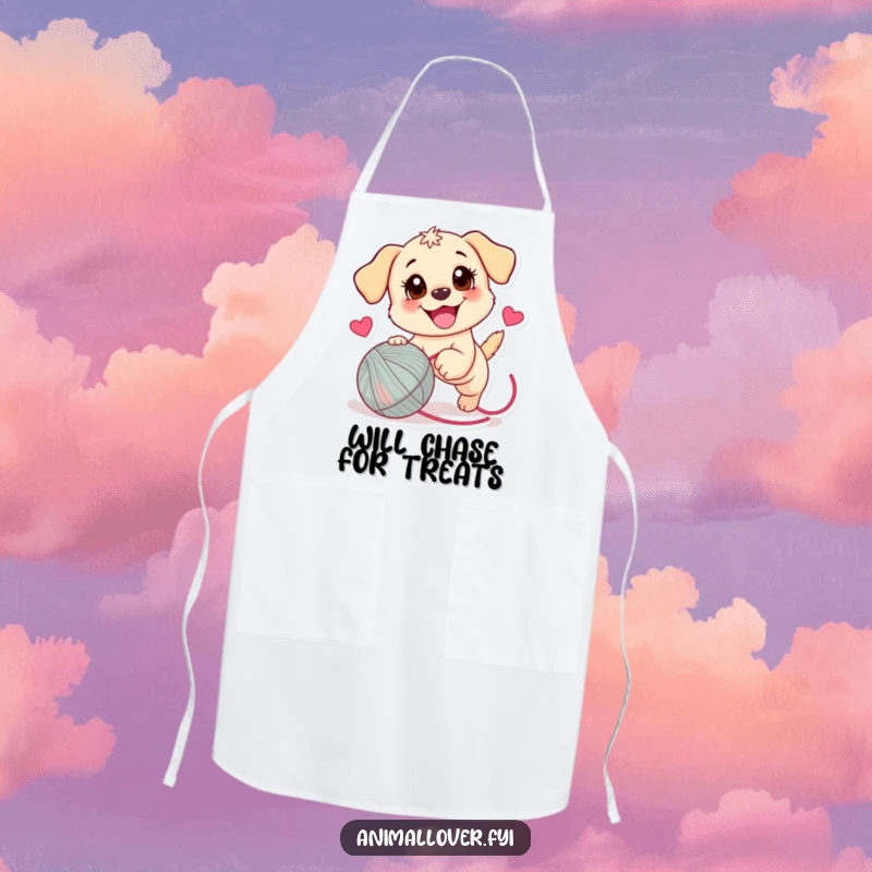 Funny Puppy Apron: A durable kitchen apron with a playful puppy joyfully chasing a heart-decorated yarn ball, ideal for cooking.