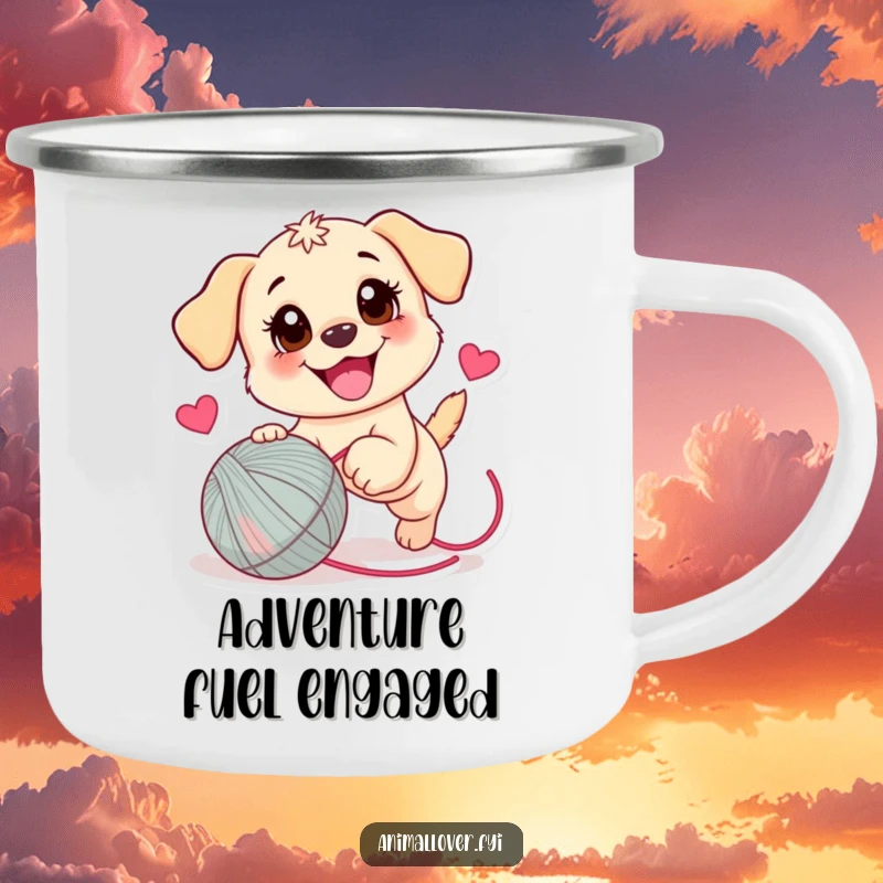 Funny Puppy Camping Mug: Enamel mug with a playful puppy joyfully chasing a heart-adorned yarn ball, perfect for outdoors.