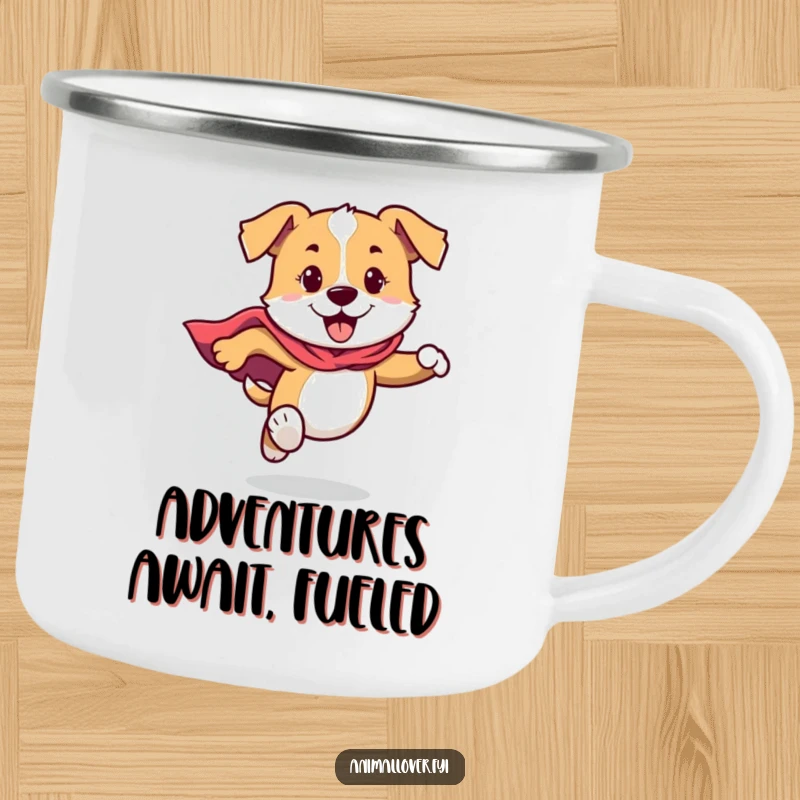Funny Dog Camping Mug showing a dog in a cape running with energy, bringing a heroic touch to the outdoors.