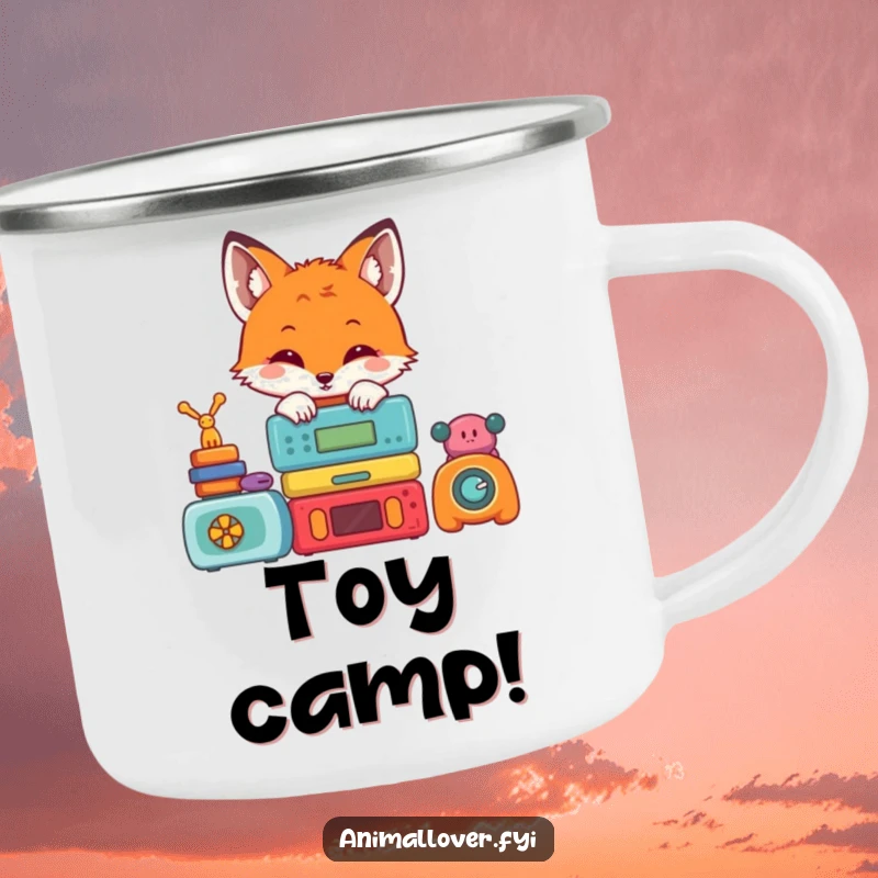 Funny camping mug featuring a cute fox peeking from behind a colorful stack of toys, durable for outdoor use and enjoyment.