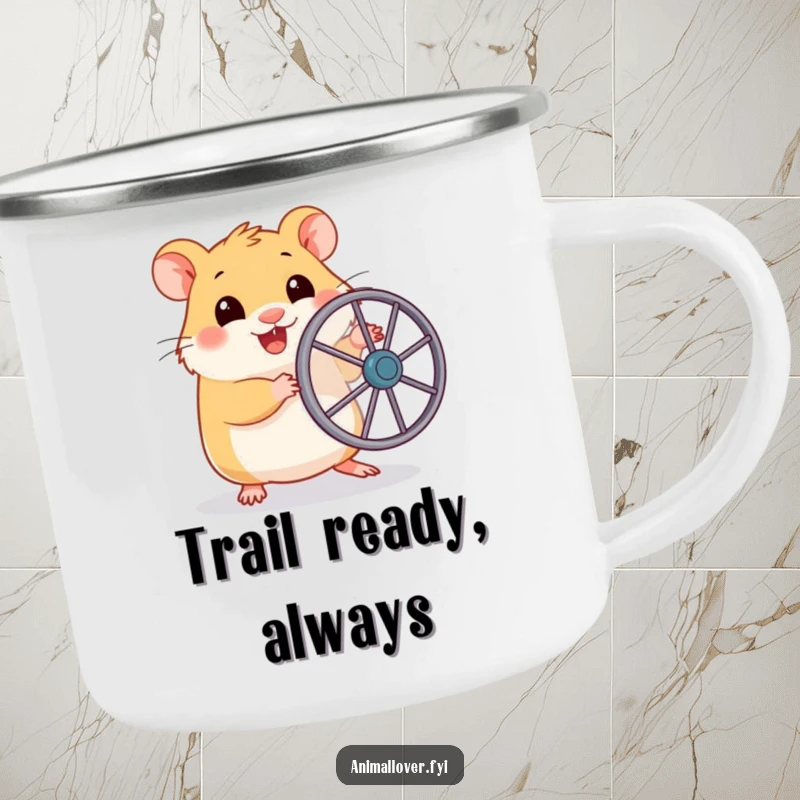 Funny camping mug featuring a happy hamster holding a miniature running wheel, ready for outdoor exploration and tiny adventures.