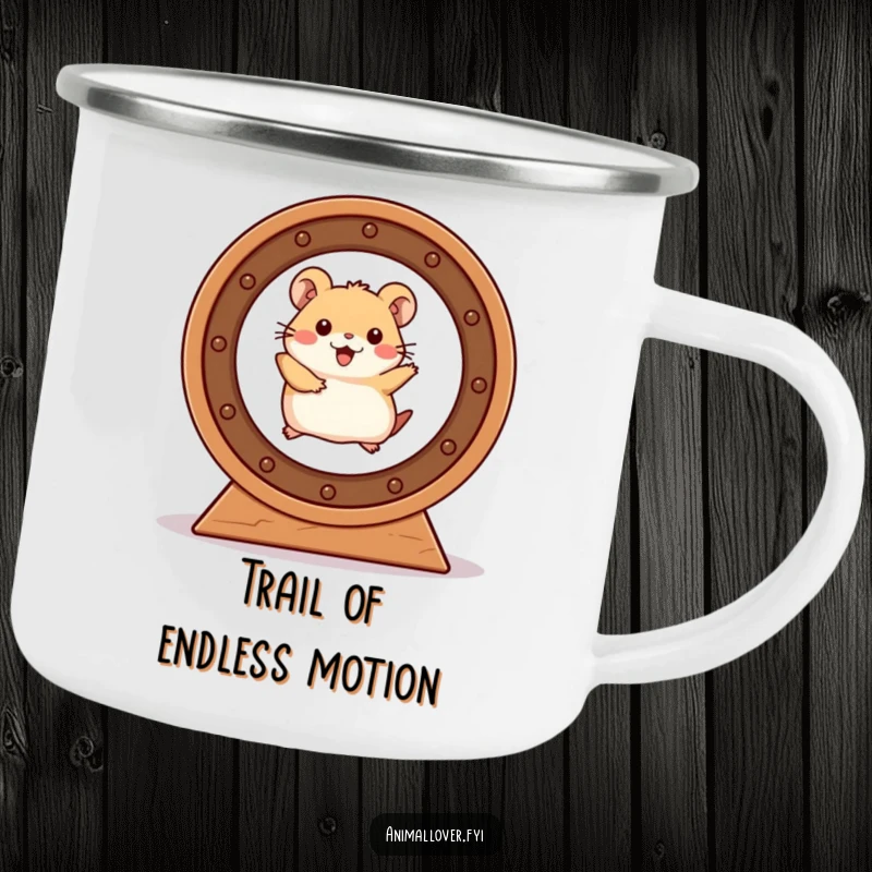 Funny Hamster Camping Mug showing a hamster's determined run in a wheel, bringing humor to the great outdoors.