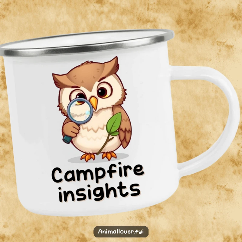 Funny owl camping mug depicting a curious owl using a magnifying glass to study a leaf, ideal for nature lovers and inquisitive minds.
