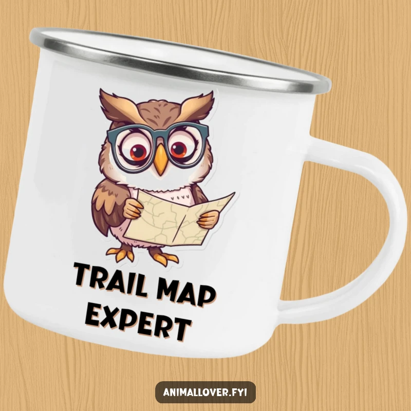 Funny camping mug with a curious owl wearing spectacles, peering at a map, great for outdoors.