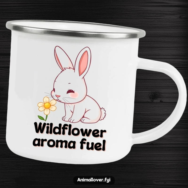 Funny rabbit camping mug showing a curious bunny sniffing a flower, its nose twitching, perfect for nature lovers on the go.