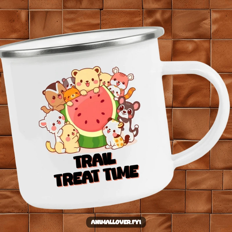 Funny camping mug showing a happy group of animals sharing a massive watermelon slice, perfect for adding humor to outdoor excursions.