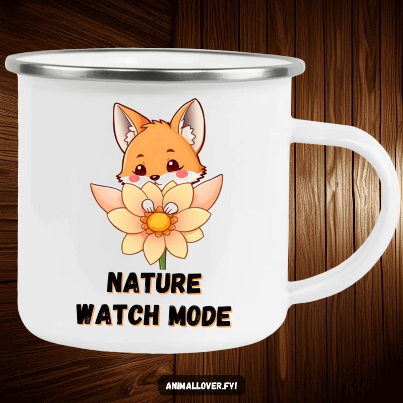 Funny camping mug showing a curious fox peeking from behind a flower, built for playful outdoor exploration.