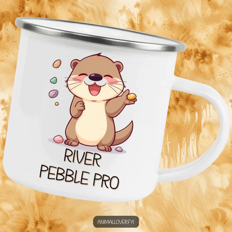Funny Camping Mug: A happy otter juggling shiny pebbles, perfect for outdoor fun and cheer.