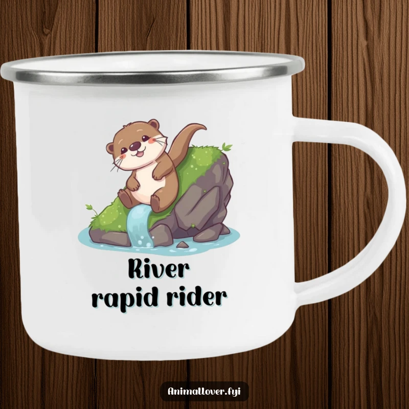 Funny otter camping mug with a playful otter sliding down a mossy rock with glee, ideal for outdoor fun.