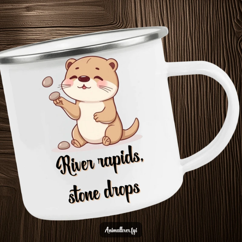 Funny otter camping mug with a curious otter juggling smooth stones, ideal for enjoying drinks during outdoor adventures.