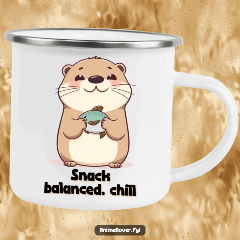 Funny Happy Otter Camping Mug featuring a cheerful otter balancing a fish on its nose, perfect for enjoying drinks outdoors.