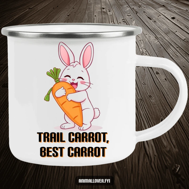 Funny camping mug featuring a gleeful bunny embracing a giant carrot, perfect for outdoor adventures. A humorous travel mug.