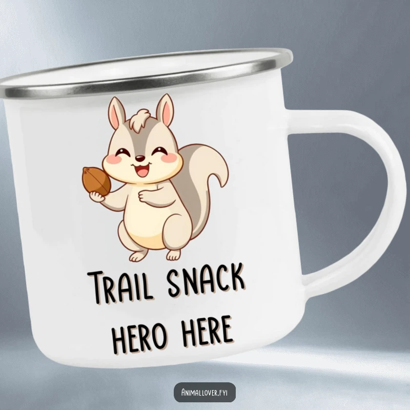 Funny camping mug illustration of a happy squirrel offering a nut with a smile, for outdoor enthusiasts.