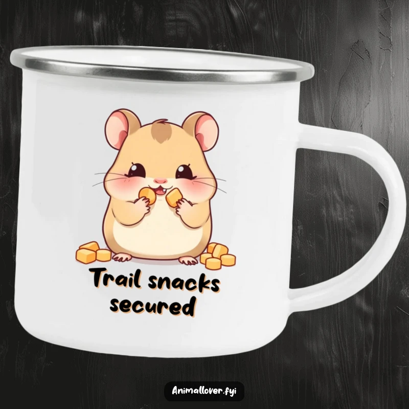 Funny hamster camping mug showcasing a hamster with stuffed cheeks, symbolizing preparedness and snack enjoyment during outdoor adventures.