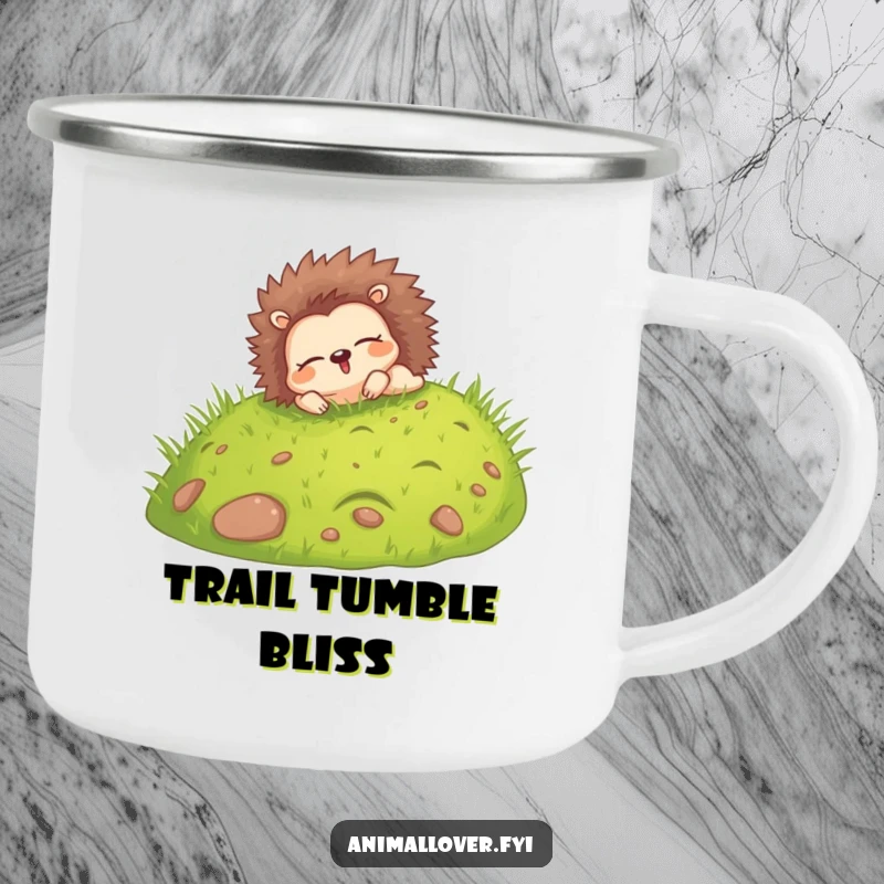 Funny camping mug showing a happy hedgehog rolling down a grassy hill with eyes closed, built for blissful outdoor fun.