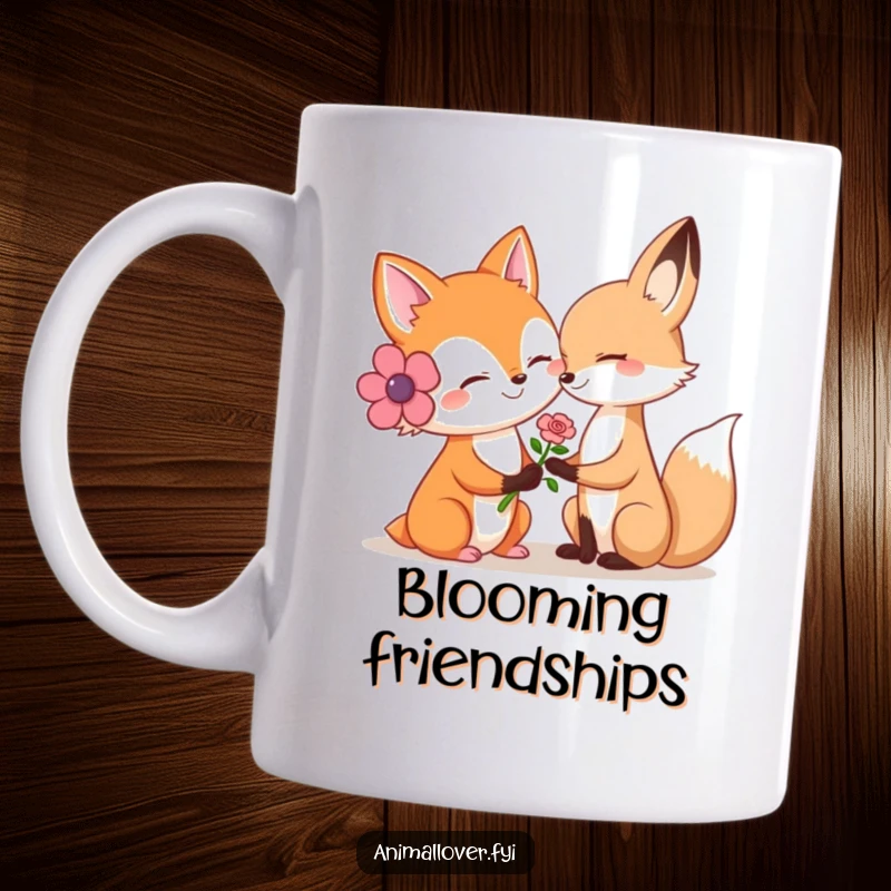 Funny mug with a smiling fox gently offering a flower to another animal, embodying kindness and friendship.