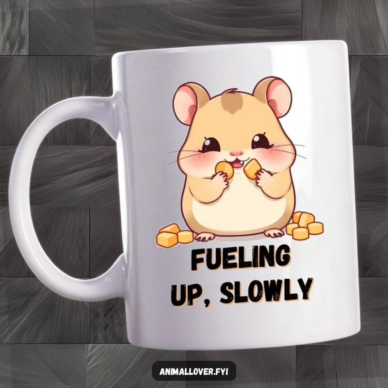 Funny hamster mug showing a pleased rodent with comically stuffed cheeks, enjoying tiny snacks, embodying delightful gluttony.
