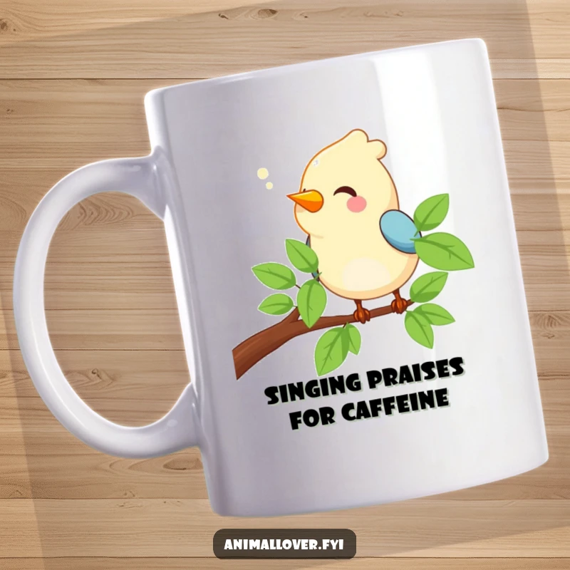 Funny Bird Mug showing a happy bird cheerfully chirping while perched serenely on a tree branch.