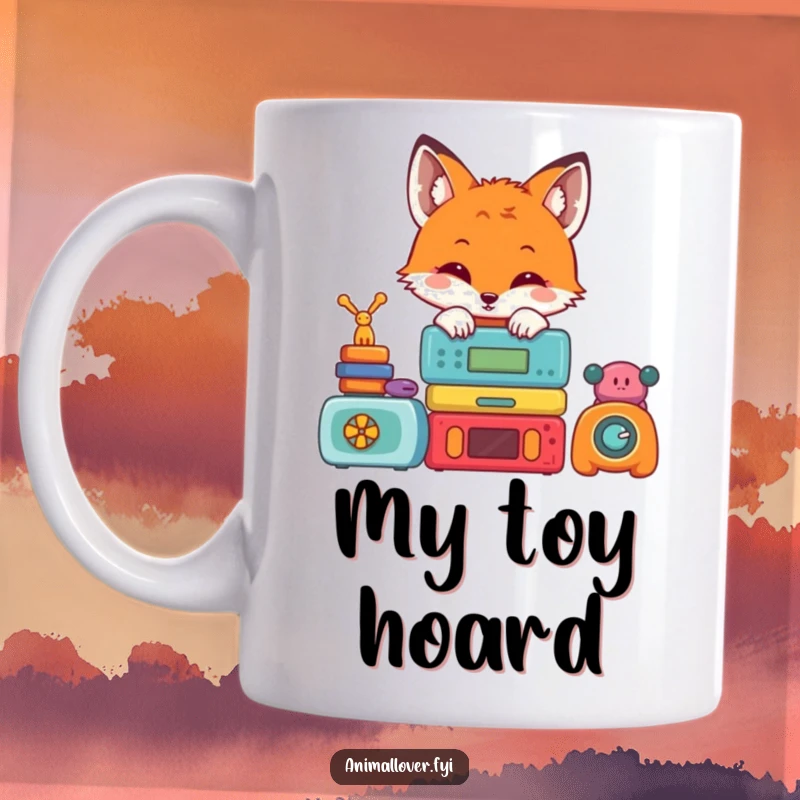 Funny mug with a cute fox peeking playfully from behind a colorful stack of children's toys, conveying mischief and joy.
