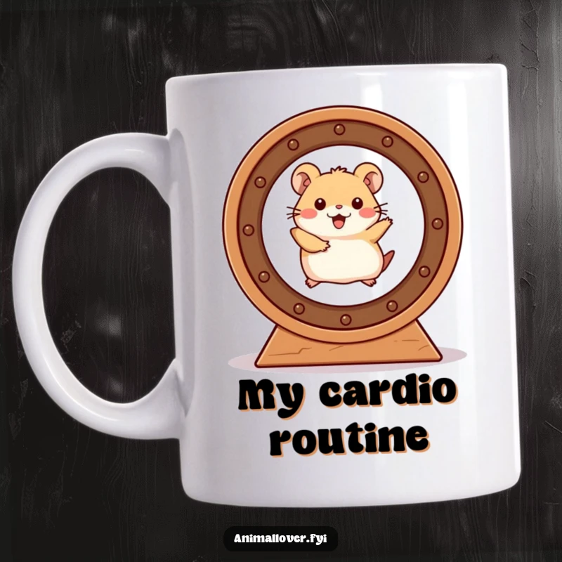 Funny Hamster Mug featuring a joyful hamster sprinting in a spinning wheel, full of energy and happiness.
