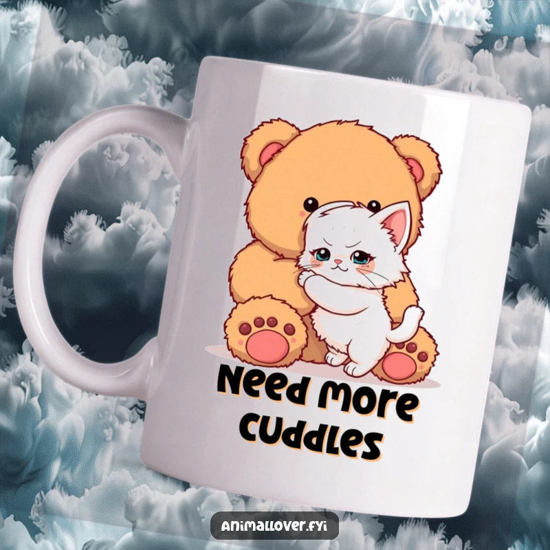 Funny Kitten Mug: A determined kitten with a focused expression attempts to hug an oversized teddy bear, showcasing adorable persistence.
