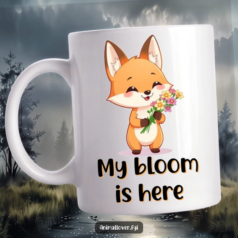 Funny mug with a cheerful fox proudly displaying a delicate bouquet of small flowers, radiating warmth. A delightful present.