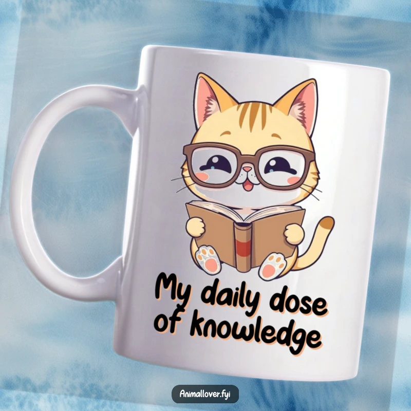 Funny cat wearing oversized glasses gleefully reading a book, perfect for a cozy reading session, humorous gift.