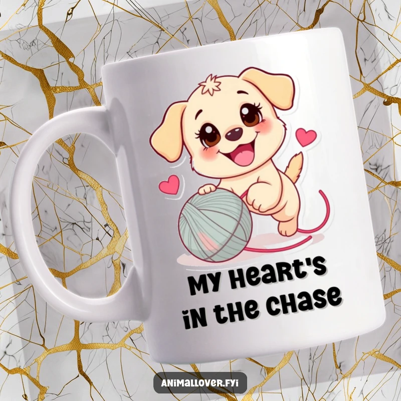 Funny Puppy Mug: A joyful puppy with wide eyes excitedly chases a bouncy yarn ball decorated with a heart, spreading pure happiness.