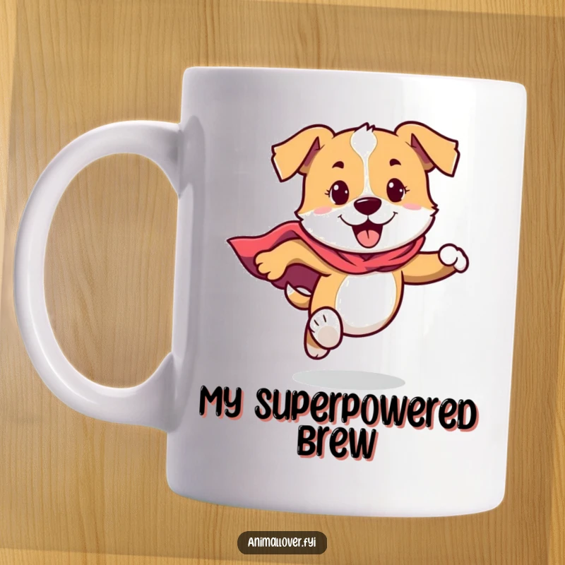 Funny Dog Mug showing a dog wearing a cape, running with immense energy and a heroic, happy expression.