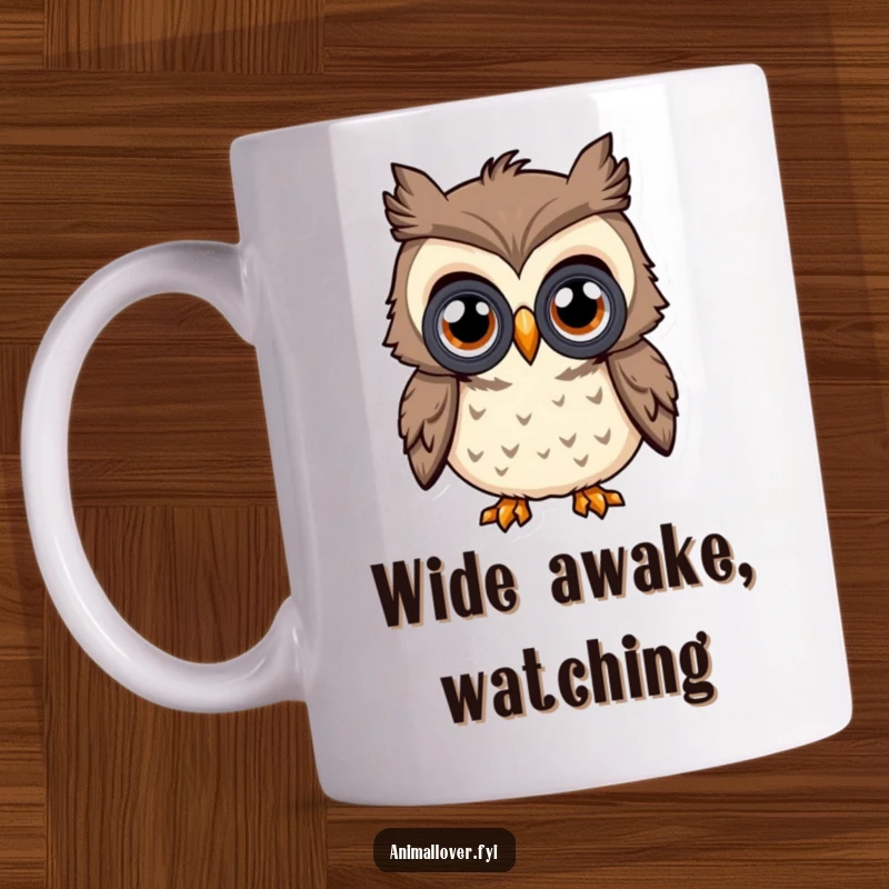 Funny Curious Owl Mug featuring an owl with oversized eyes peering intently through binoculars, symbolizing curiosity and observation.