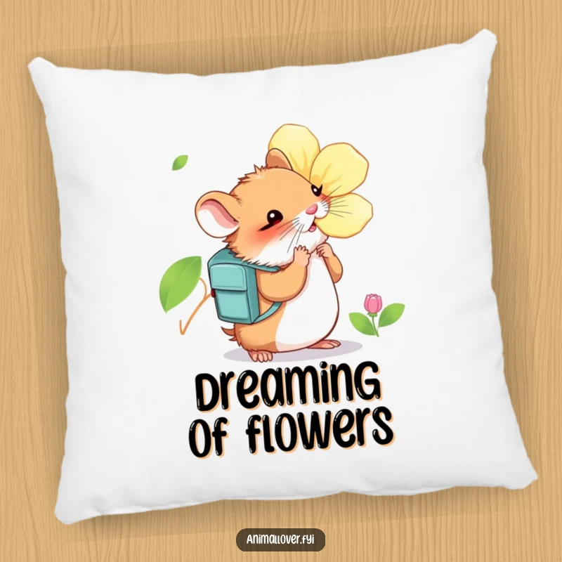 Funny Hamster Pillow: A soft decorative pillow featuring a curious hamster wearing a backpack and sniffing a large, vibrant flower.