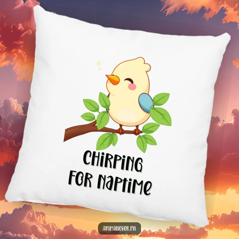 Funny Bird Pillow featuring a happy bird chirping contentedly while resting on a tree branch, adding cozy charm.