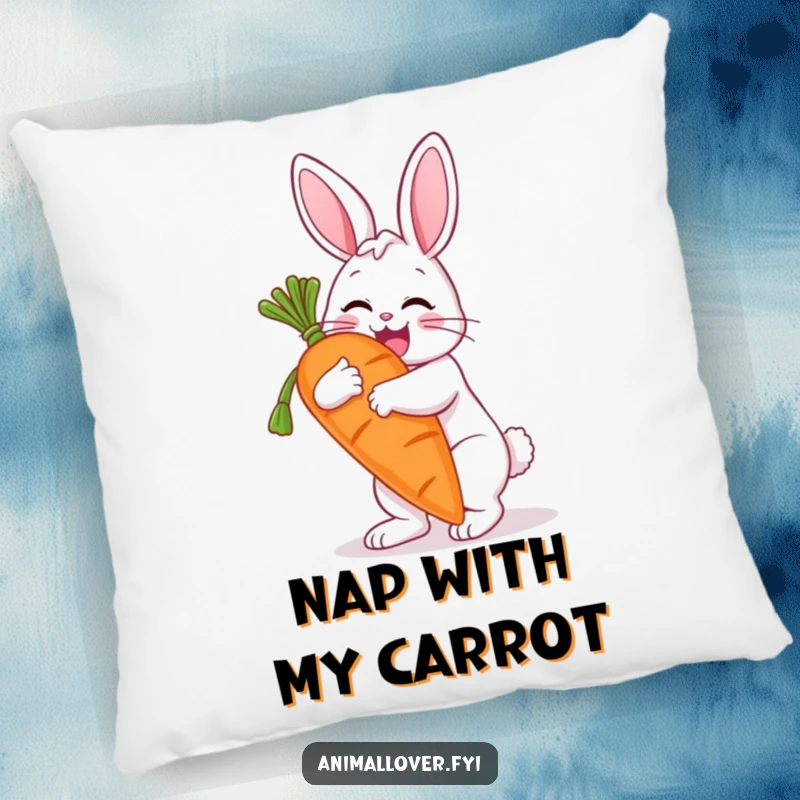 Funny pillow with a joyful bunny embracing a giant carrot, offering comfort and a humorous visual. A charming gift.