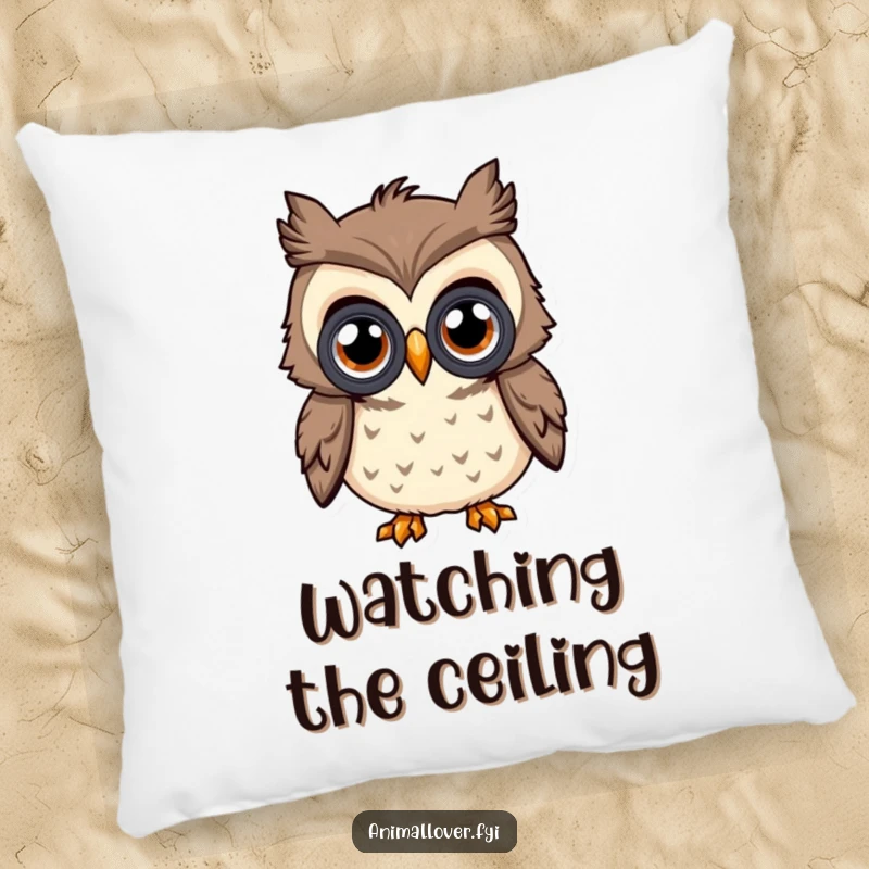 Funny Curious Owl Pillow featuring an owl with oversized eyes using binoculars, perfect for adding comfort and a curious vibe.